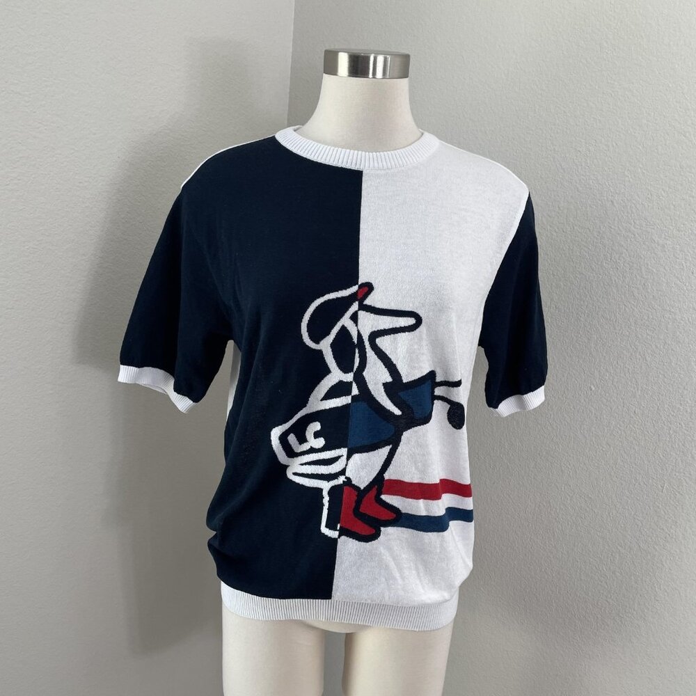 Louis Castel‎ Sweater Womens Large Navy White Golf Dog Graphic Knit Short Sleeve